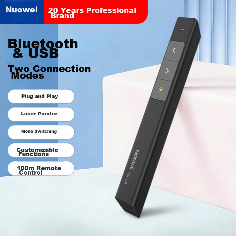 Nuowei 360-Degree Bluetooth Laser Presentation Clicker Teacher Remote Control 100m Wireless PPT Presenter Cat Teaser Electronic Pen N26 BLE Red Light Black