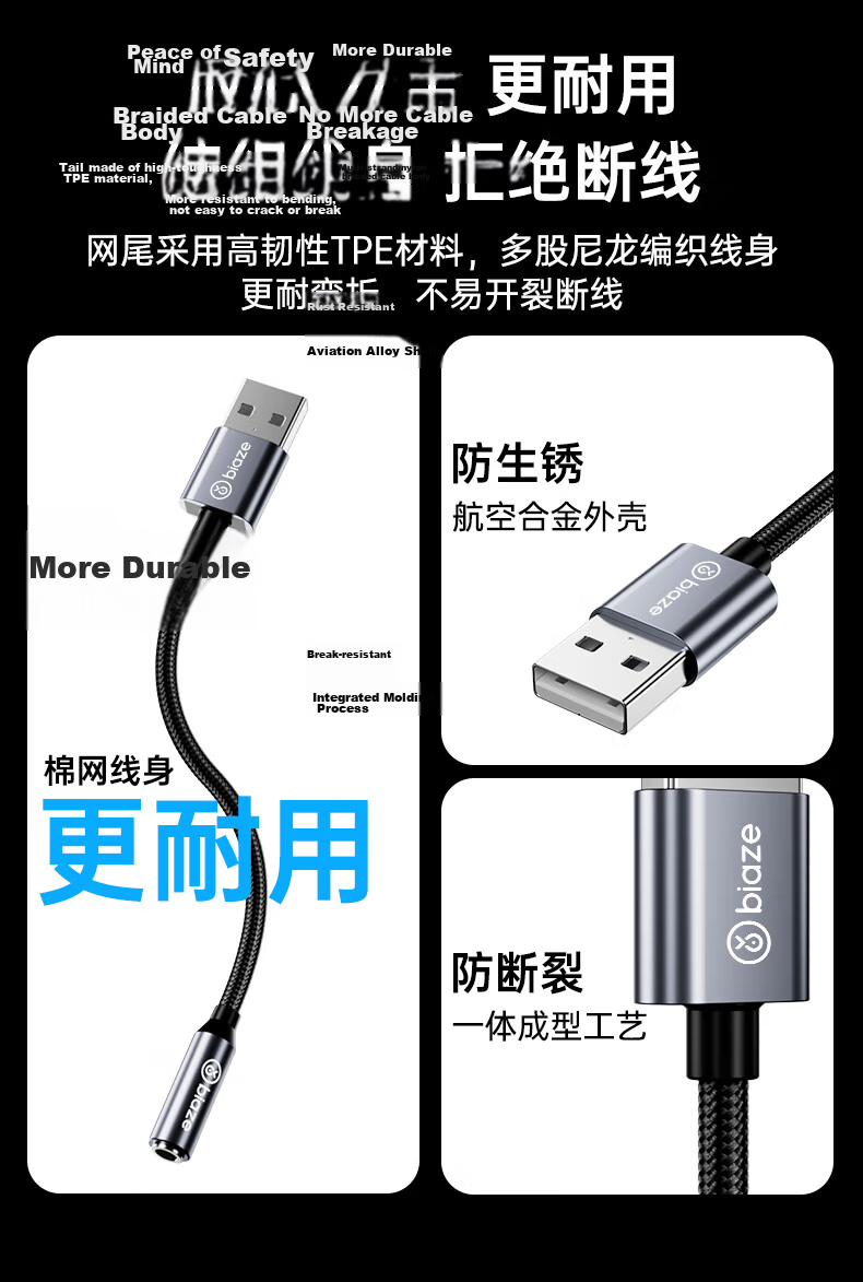 BIAZE USB External Sound Card Driver-Free 3.5mm Audio Jack Converter Single Port Headphone Microphone 2-in-1 Adapter Cable for Laptop Desktop Independent Sound Card 14
