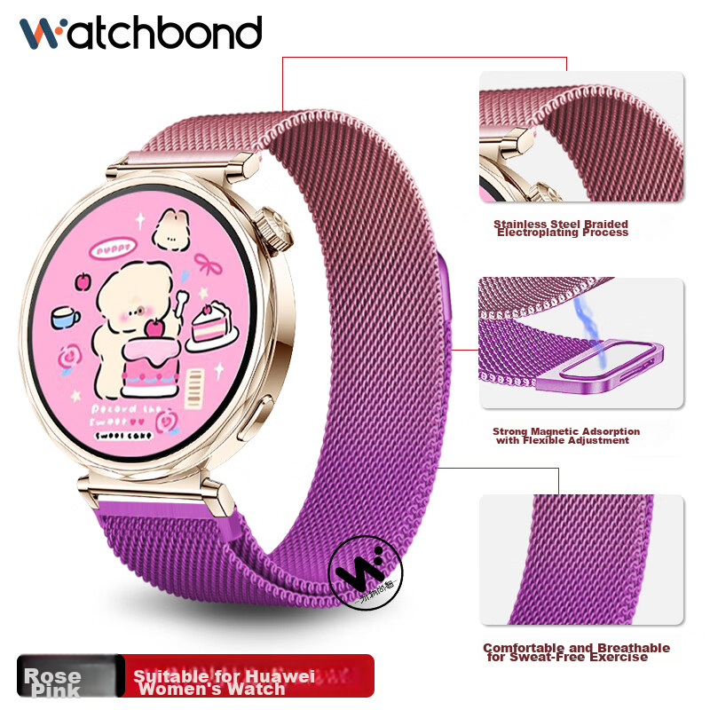 Watchbond Milan Magnetic Strap for Huawei GT7/6/5, Watch GT5 Pro/GT4 Milanese Magnetic 18mm Summer Band, 41mm Wristband for Men and Women