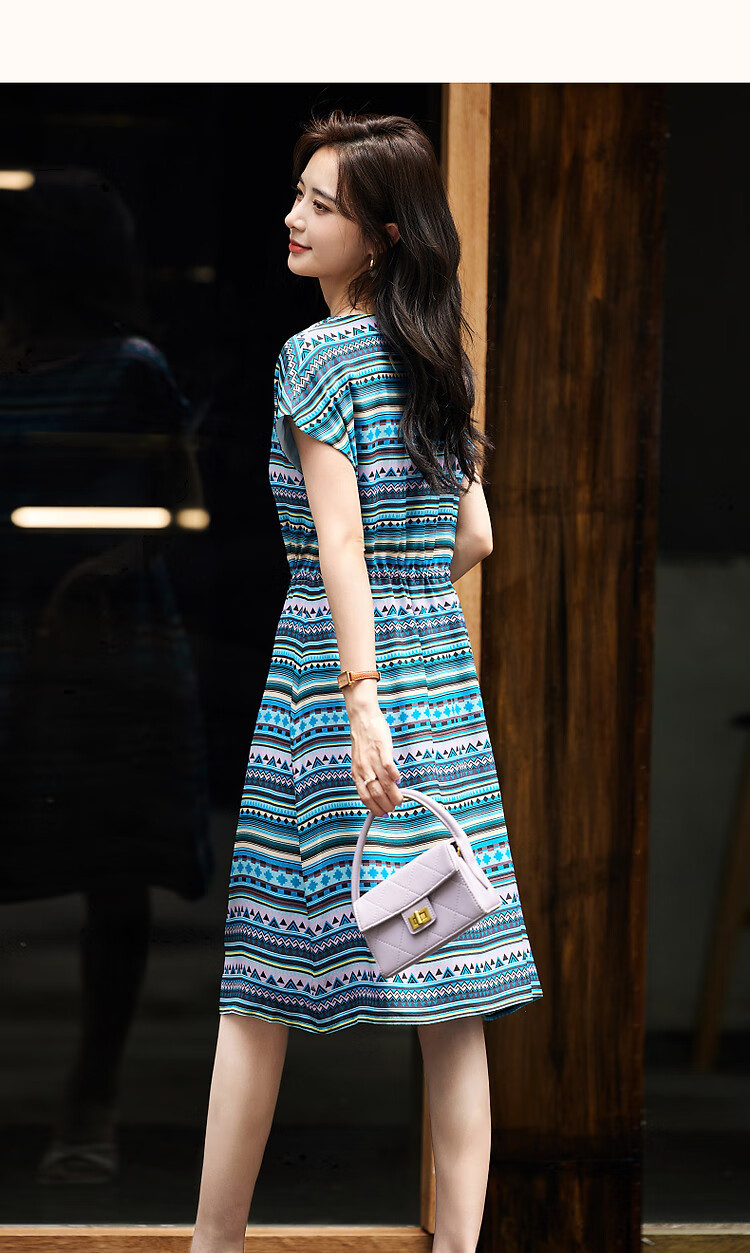Dme [Cambridge Story] Summer Lightweight Mulberry Silk Round Neck Striped Printed Drawstring Dress for Wome 14