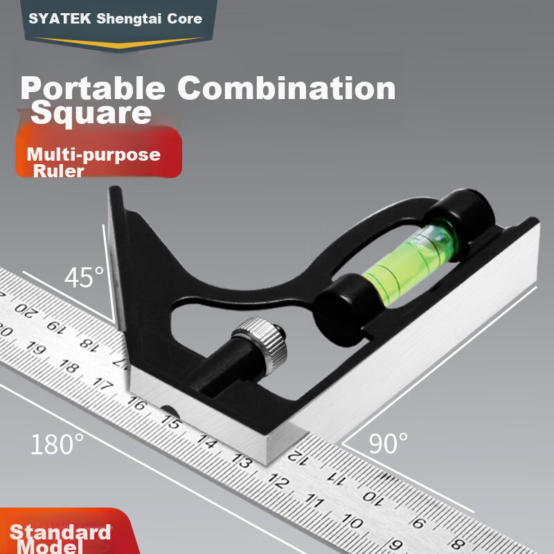 SYNTEK Adjustable 90-Degree Stainless Steel Multifunctional Carpenter's Square with Bubble Level and 45-Degree Angle Ruler