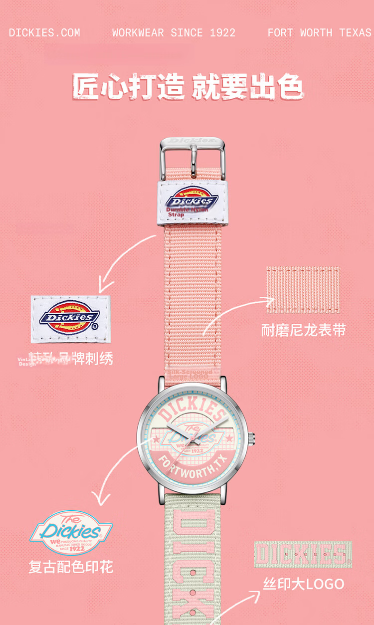 Dickies Watch for Female Students, Vintage Nylon Quartz Watch for Middle And High School Girls, Gift CL-541 Pink 6