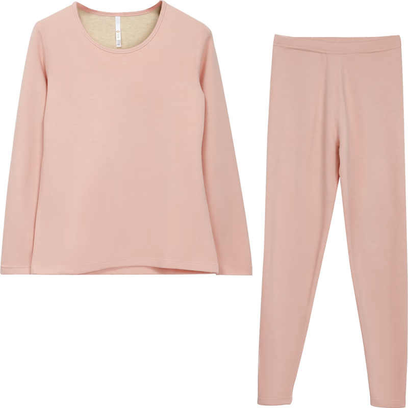 Hodo Women's Thermal Underwear Set with Cashmere and Mulberry Silk, Double-Sided Fleece, Stretch, Round Neck, Smoke Pink