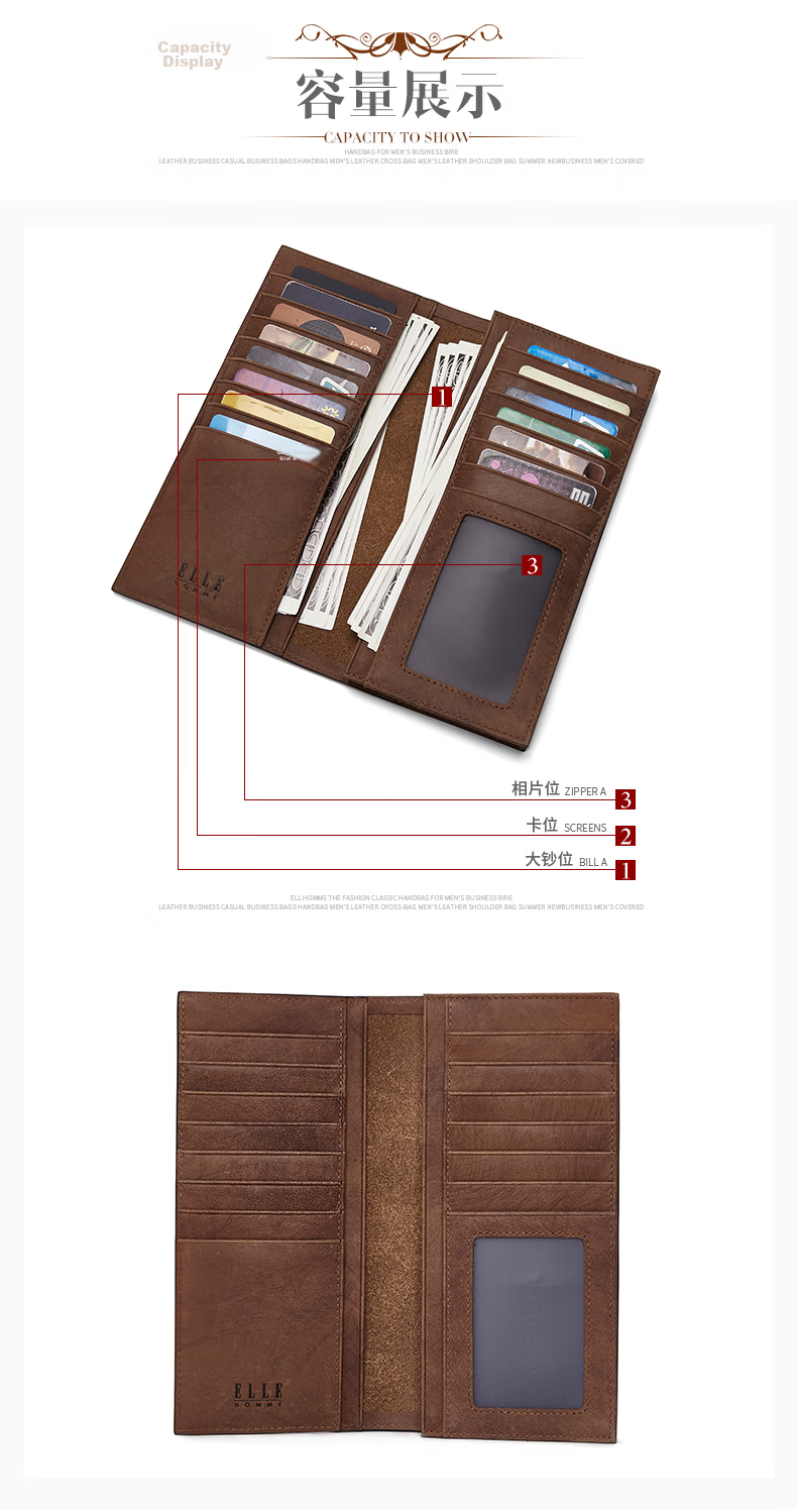 ELLE HOMME Vertical Wallet First Layer Cowhide Multi-Card Vintage Bi-Fold Card Holder 0330 Birthday Gift for Boyfriend 5