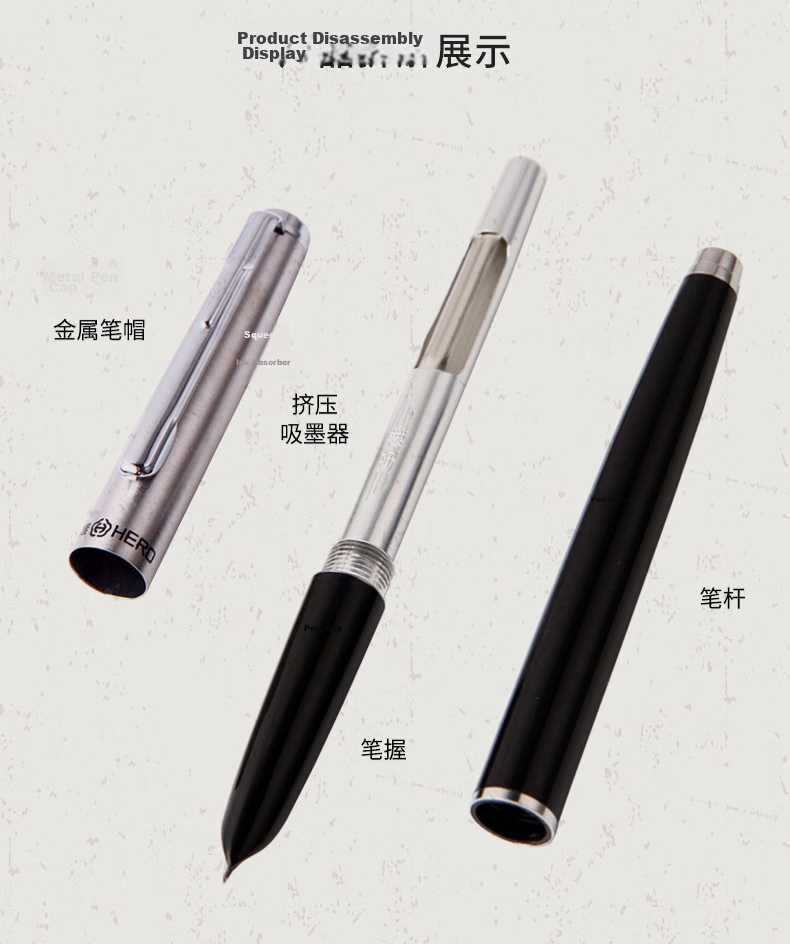 HERO Back to School Essential Classic 007 Black Fine Nib Iridium Fountain Pen for Students F Nib Single Pack 6