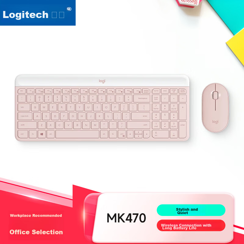 Logitech MK470 Stylish Series Wireless Keyboard and Mouse Combo Ultra-thin Full-size Rose Pink with 2.4G Wireless Receiver