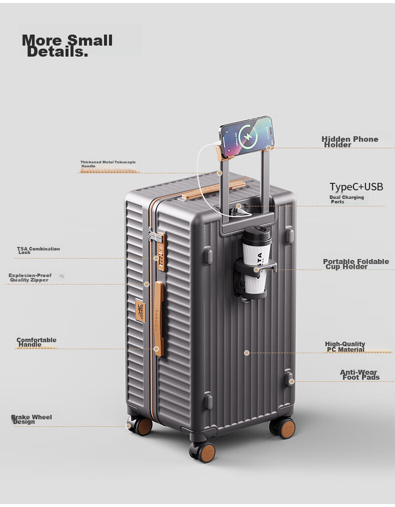 Reebok Suitcase, PC Trolley Case, Multifunctional Large Capacity Travel Luggage, Password Lock Suitcase, Leather Case, Hao Kong Bai 24 Inches 7
