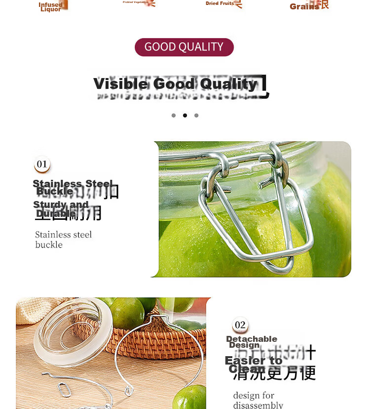 Baijie Glass Sealed Jars 3-Pack 1000ml Storage Jars Household Glass Bottles for Wine, Pickles, and Preserving Garlic 11