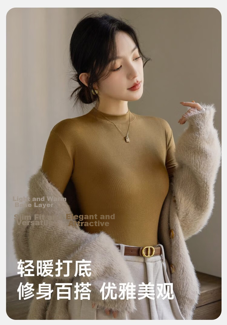 LangSha Warm Top, Black Semi-Turtleneck Base Layer for Women, Spring And Summer Inner Wear, Antibacterial And Anti-Mite Long-Sleeve Mid-Collar Winter Thin T-Shirt 8