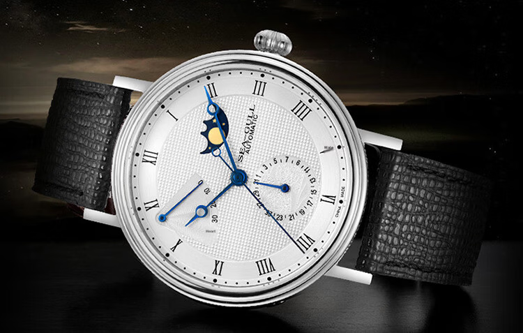 SEAGULL Men's Automatic Mechanical Watch Moon Phase Calendar Power Reserve 6092 Black Night Birthday Gift 14