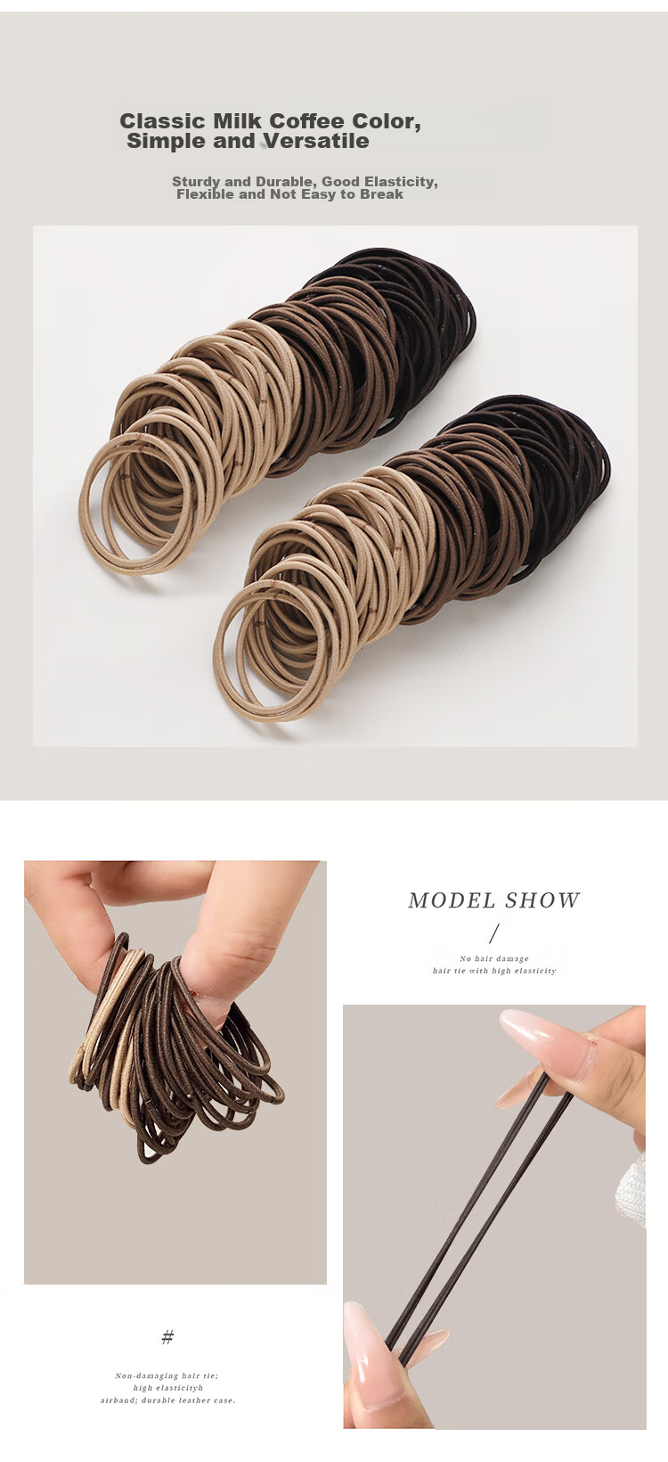 UPLUS 100-Pack High Elastic Thin Hair Ties Hair Bands Hair Elastics Milk Coffee Color Teacher's Day Gift 2