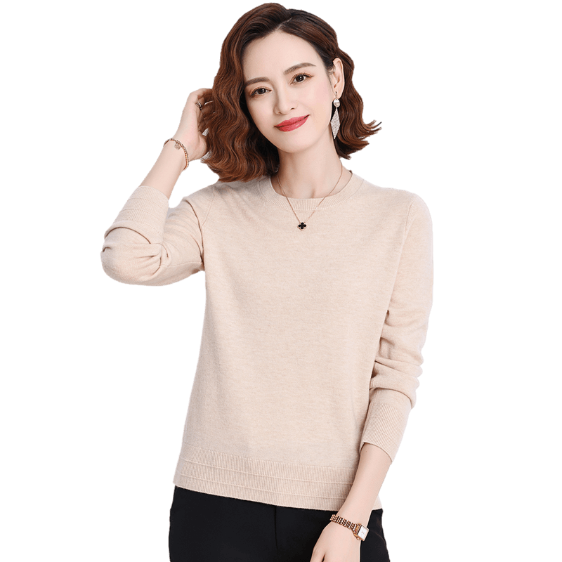 Hengyuanxiang 100% Pure Wool Women's Round Neck Sweater Autumn and Winter Casual Knitted Sweater Warm Base Shirt Top
