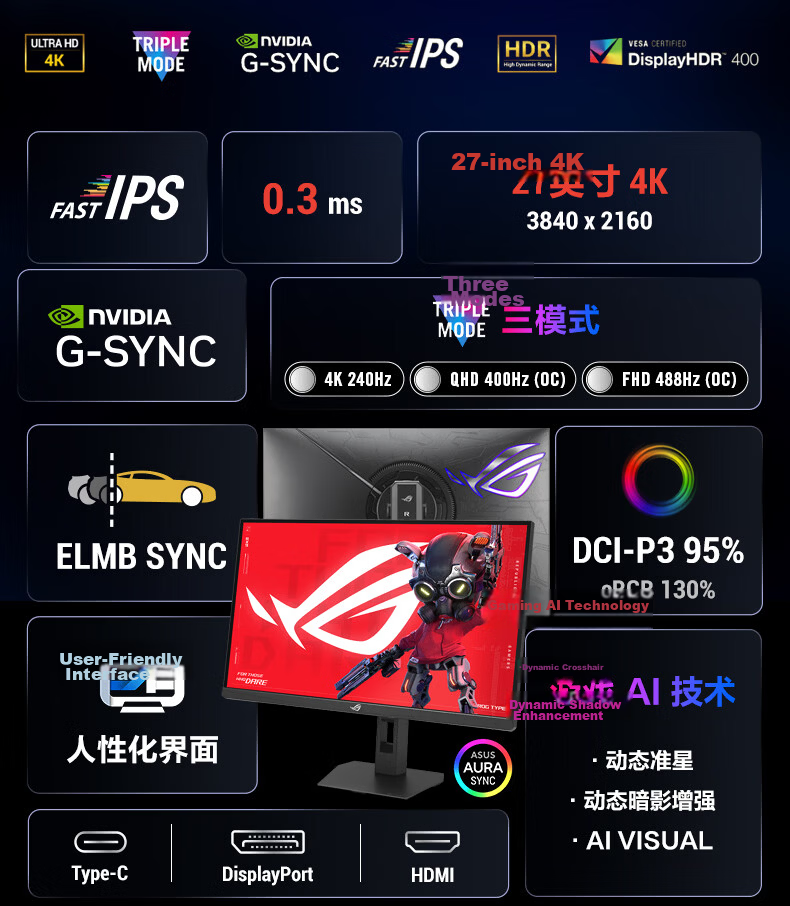 ASUS ROG XG27AQDMGR, 27-Inch 2K Gaming Monitor, 240Hz Display, OLED, 0.03ms Response Time, HDR400, G-SYNC, HDMI2.1 Monitor 2