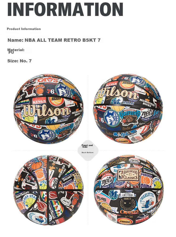 Wilson NBA Retro Full Team Logo High Performance Leather Basketball, Indoor And Outdoor Use, Adult Size 7, Gift Idea 9