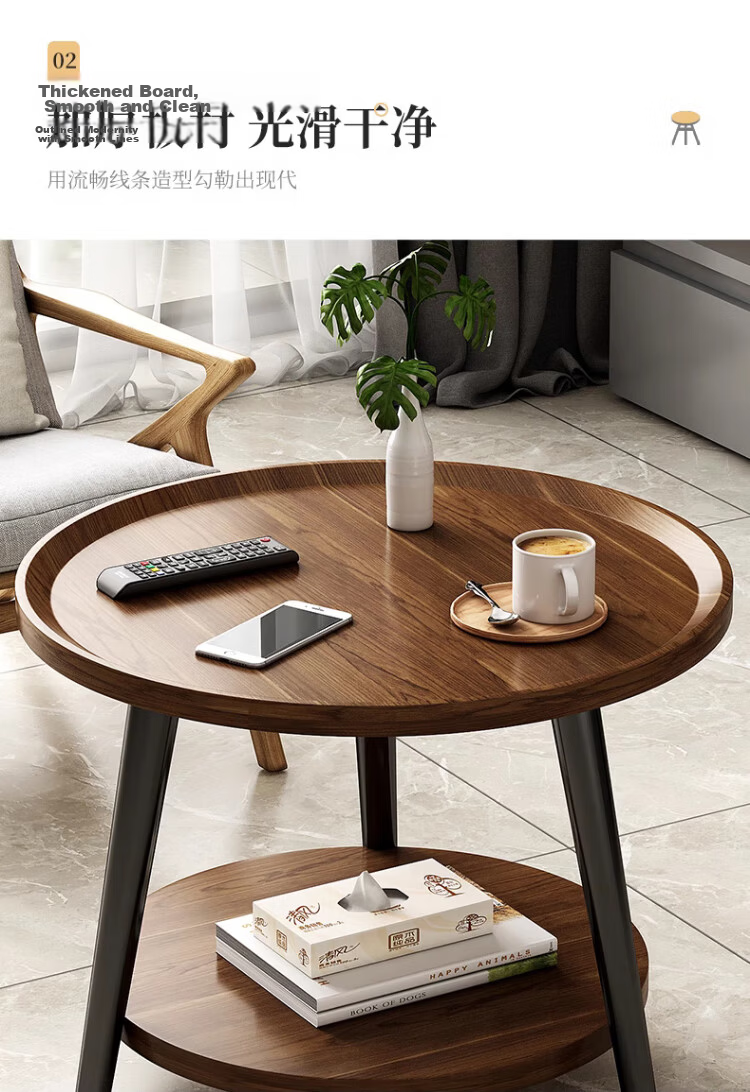 Zhuobo Walnut Color Coffee Side Table Small Table Living Room Sofa Side Table Double Layer Round Tea Table Storage Rack Bedside Cabinet CJ09 4