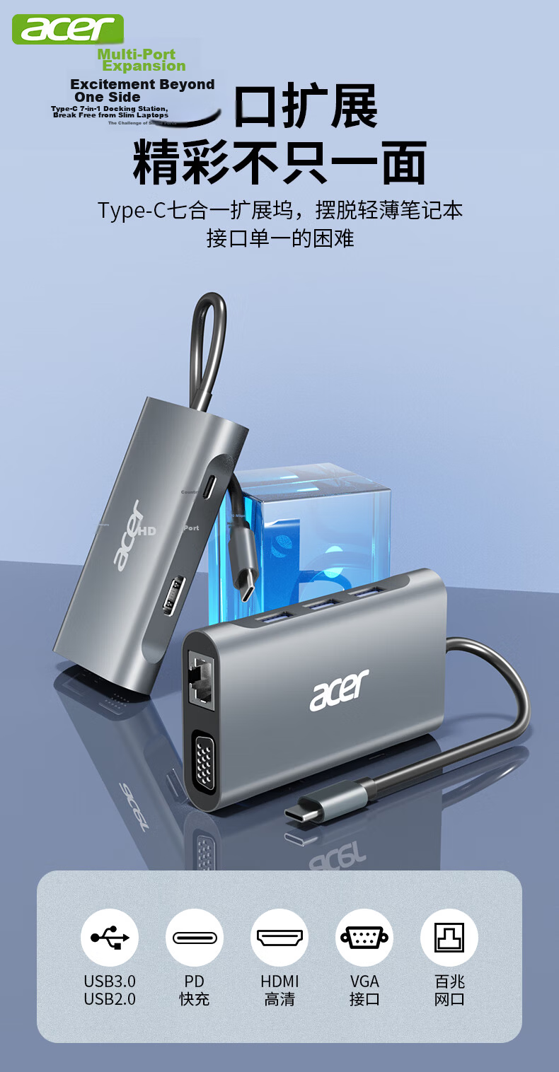 Acer Type-C Expansion Dock Gigabit Ethernet Port Network Cable Adapter USB3.0 Hub Wired Network Card RJ45 Converter HDMI4K60Hz High-Definition PD Charging Expansion Dock 1