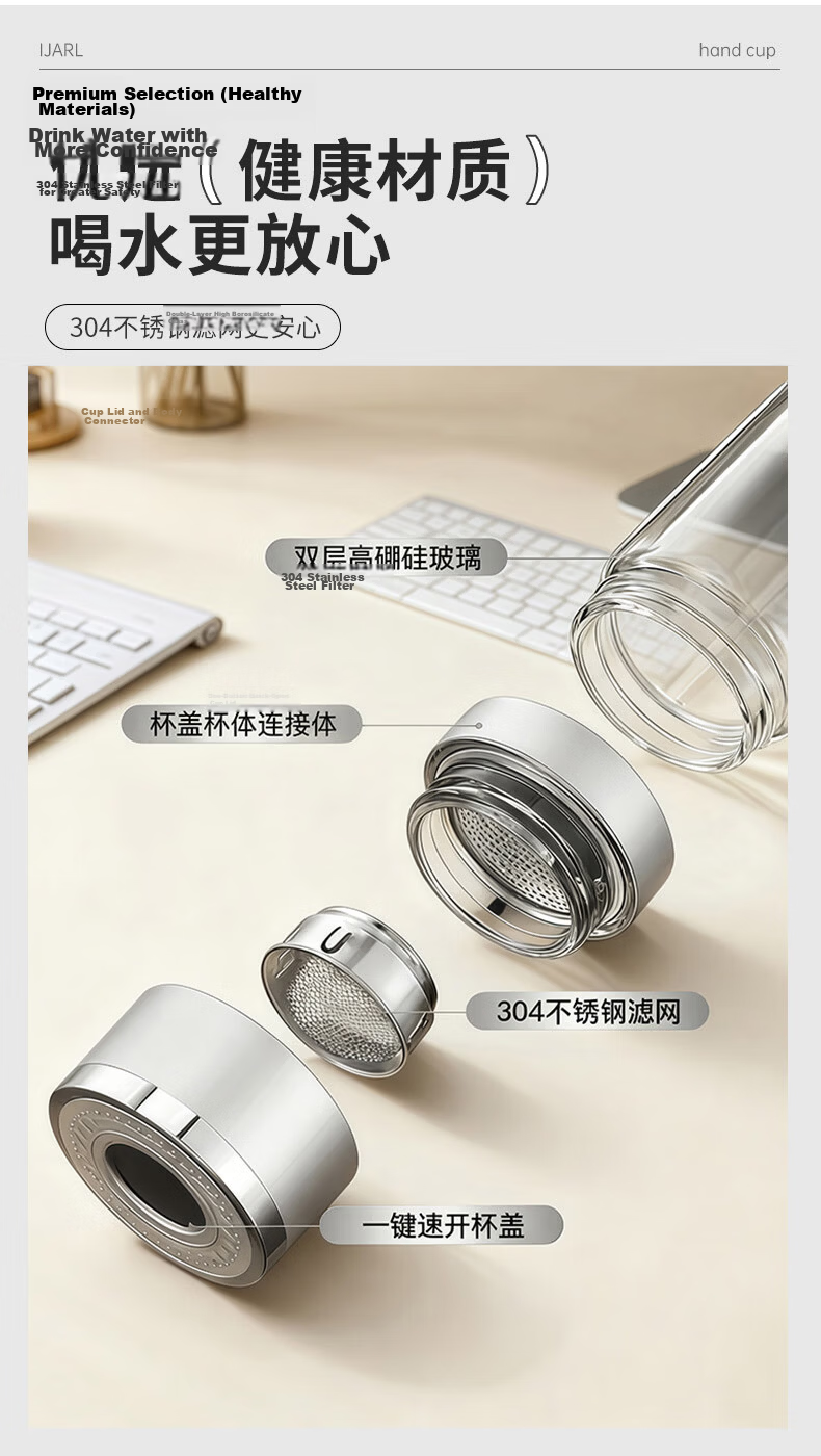 ZhaiQingSong Tea Infuser Cup for Men and Women, One-Button Lid, Double-Layer Glass, Car-Use, High-Temperature Resistant, Silver 6