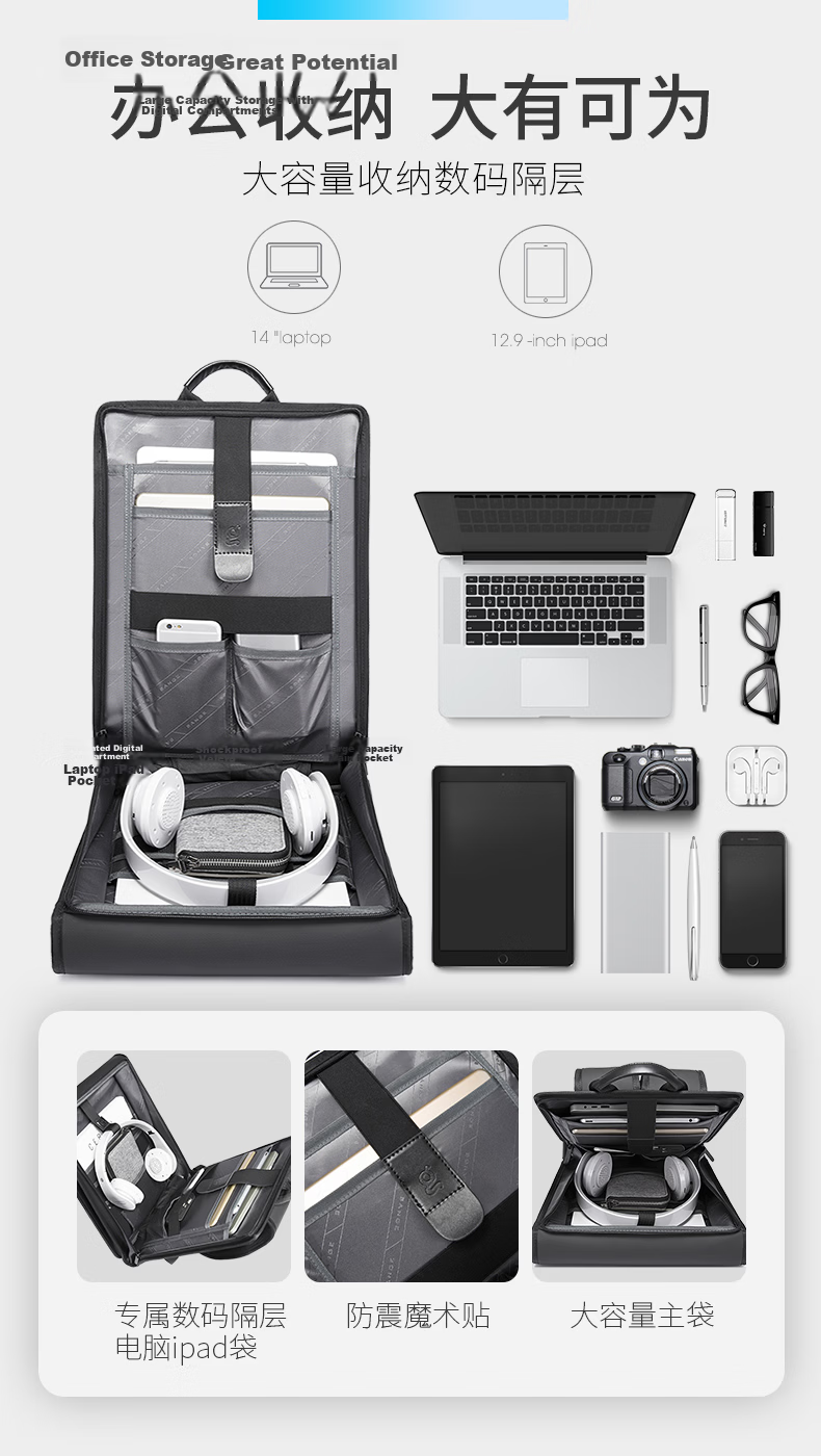 Bange Ultra-thin 14-inch Laptop Bag Minimalist Backpack Fashion Lightweight Commuter Men's Backpack 7252 Black 11