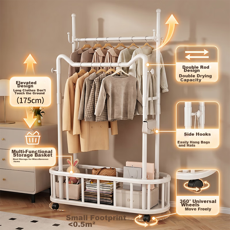 HaixiFang Floor Coat Rack with Wheels Cat Ear Design Double Rod 80cm White for Bedroom Balcony Small Spaces HL22 14