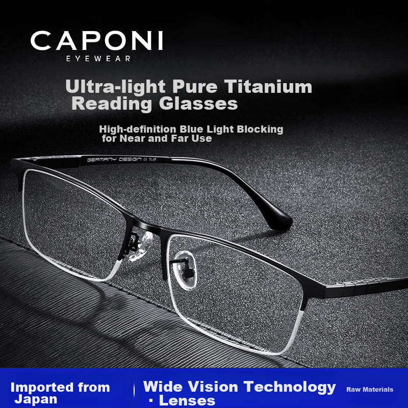 CAPONI Japanese Imported Pure Titanium Multifocal Reading Glasses for Men, Ultra-Lightweight Semi-Rimless Smart Zoom, Genuine, Special for Driving and Walking