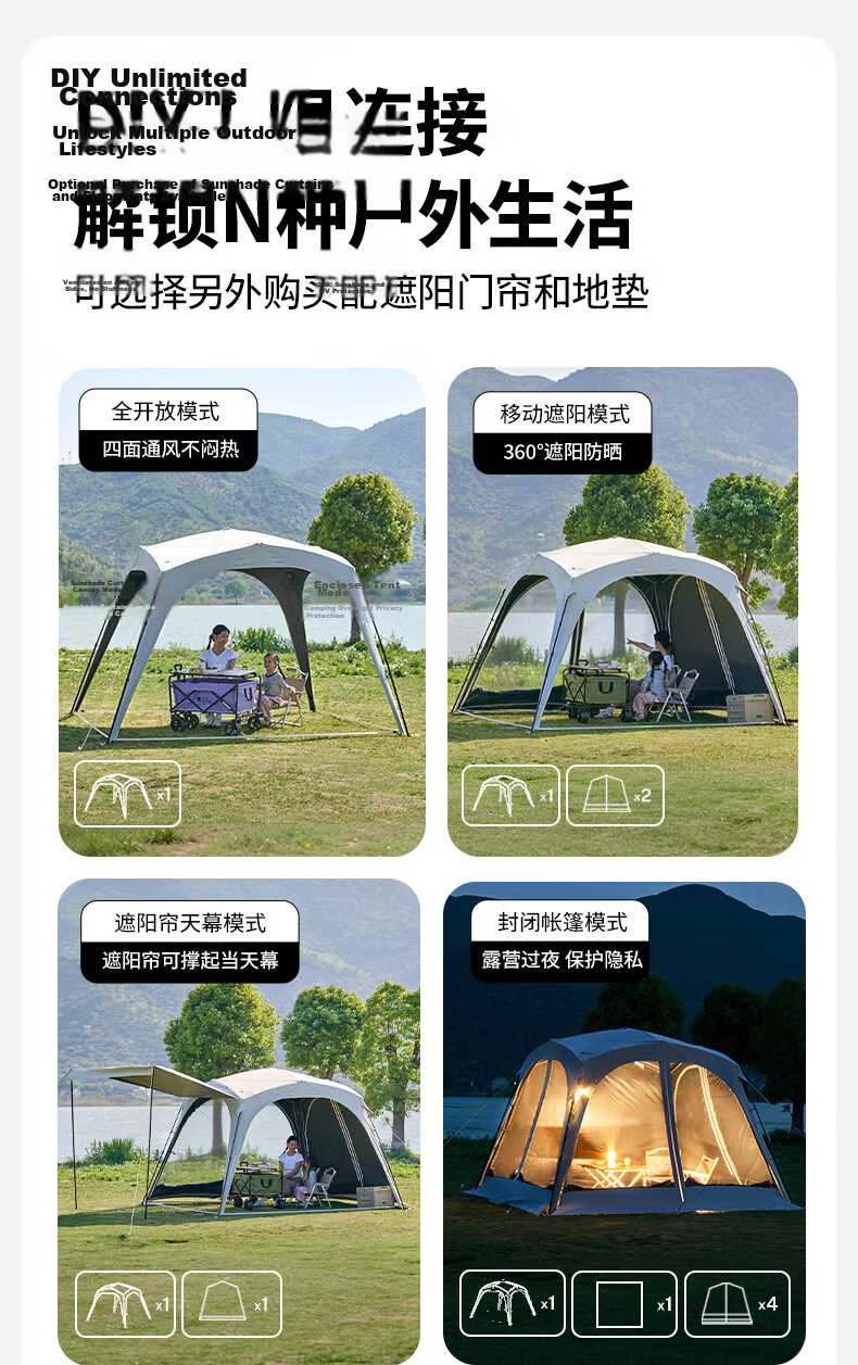 MOBIGARDEN Outdoor Camping Self-Standing Quick-Open Canopy Holiday Dome PO9.0 Sunshade Curtain NX24672018 Morning Mist White 4