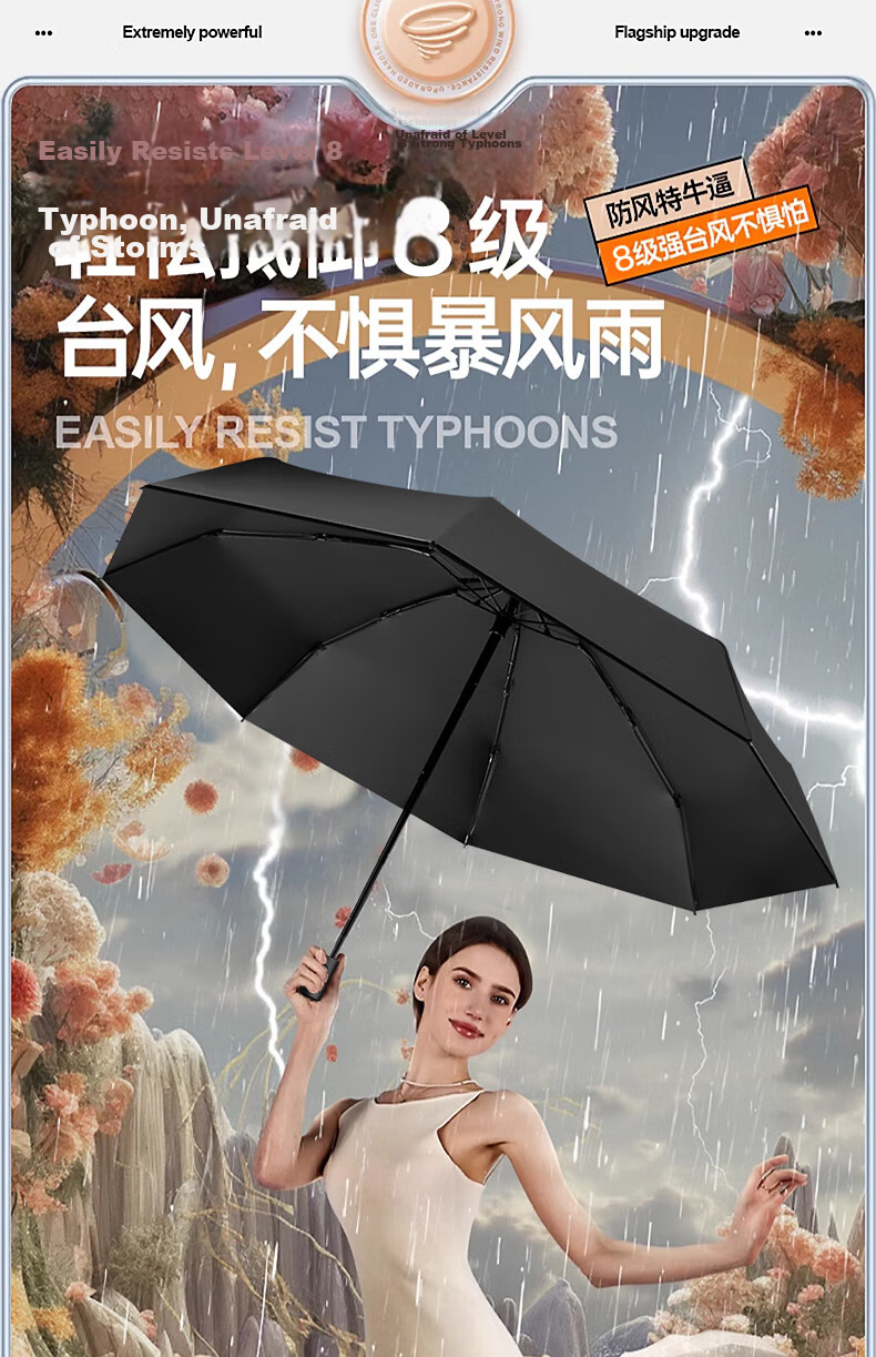 Maoli Dual-Use Automatic Umbrella, 16 Ribs, Black Rubber Coating, Impact-Resistant Fabric, Windproof Reinforced Sun Umbrella 6