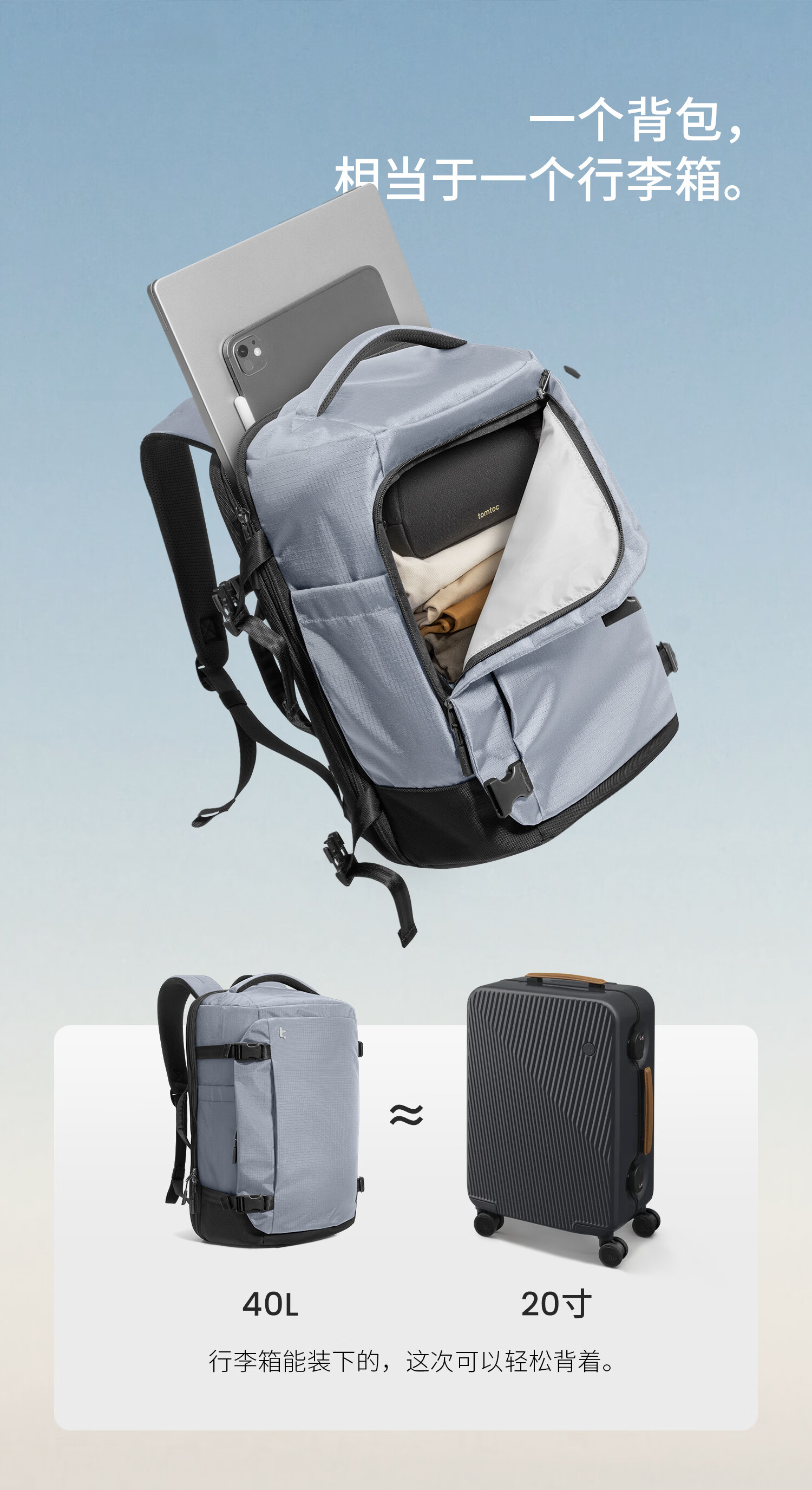 Tomtoc Travel Backpack Large Capacity 40L Carry-On Luggage Bag for Men and Women 17.3-inch Laptop Backpack 3