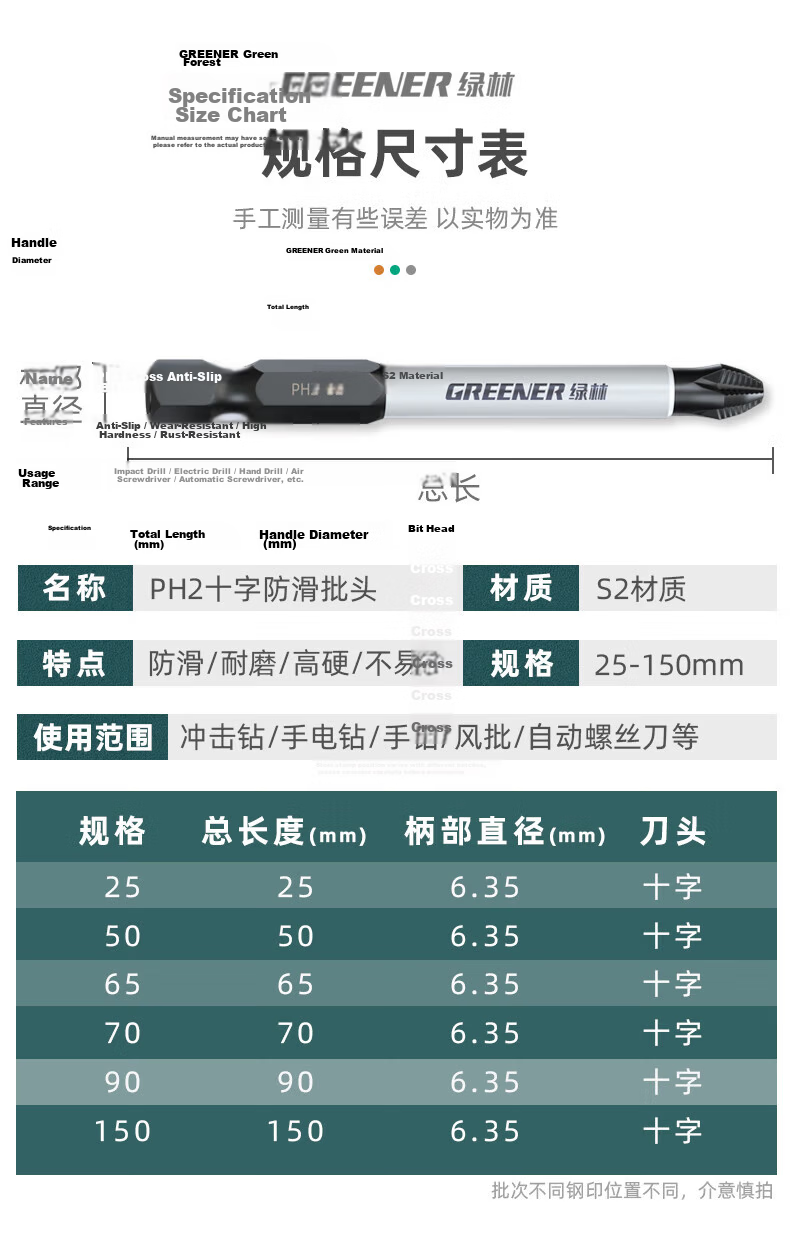 GREENER Anti-Slip Phillips Bit Set 65+70+90+150mm Tungsten Steel Strong Magnetic Household Electric Screwdriver Bits 14