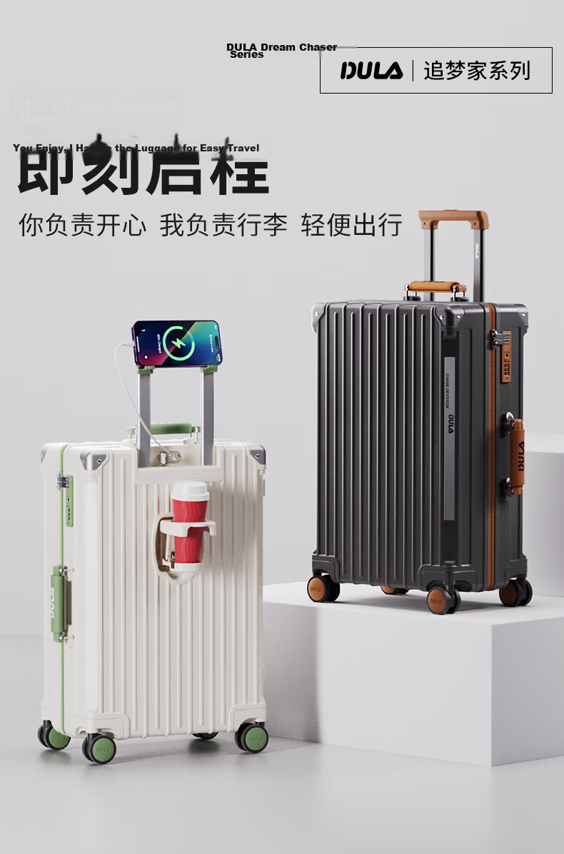 DULA Luggage, Stylish Multifunctional Suitcase with Cup Holder And USB Port, Travel Case with Password Lock, Trendy Black Rose Color, 20 Inches 2