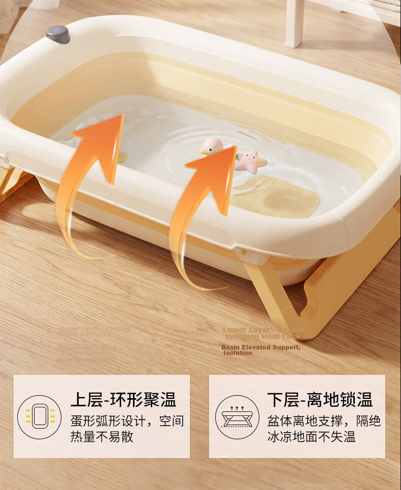 Rikang Baby Bath Tub Foldable Electronic Temperature Sensing Bath Tub with Bath Net RK-X1048-3 Light Orange 8
