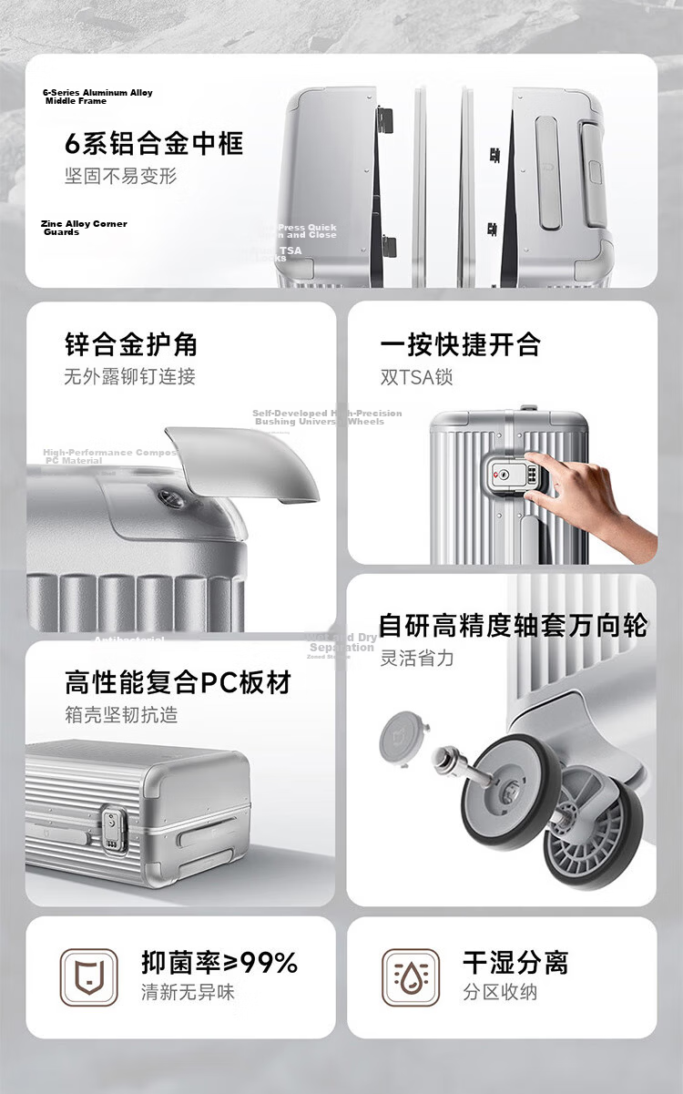 Mijia Xiaomi Luggage, 26-Inch Aluminum Frame Suitcase, Large Capacity Travel Case, Unisex Spinner Wheels, Password Lock, Silver Color 2
