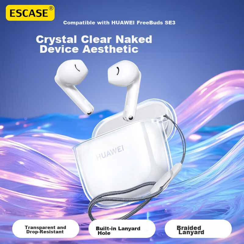 ESCASE Huawei FreeBuds SE3 Protective Case Transparent Bluetooth Earphone Storage Box Silicone Soft Cover Full Protection Anti-Drop Ultra-Thin Case Transparent with Anti-Lost Strap