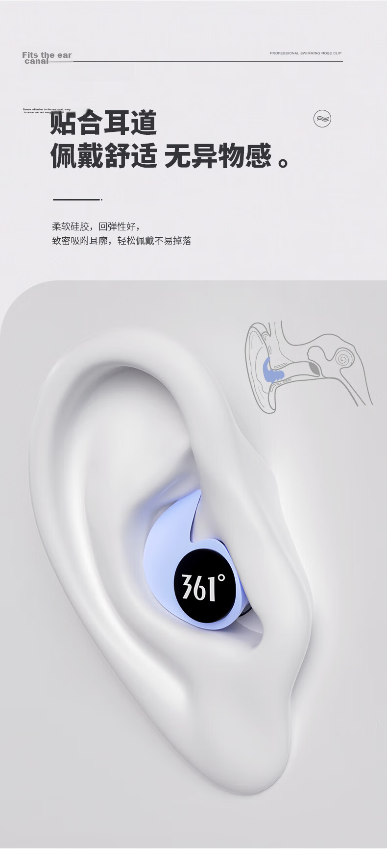 361° Swimming Earplugs Waterproof Anti-Slip Earplugs for Men and Women Diving Accessories Gray Blue 6