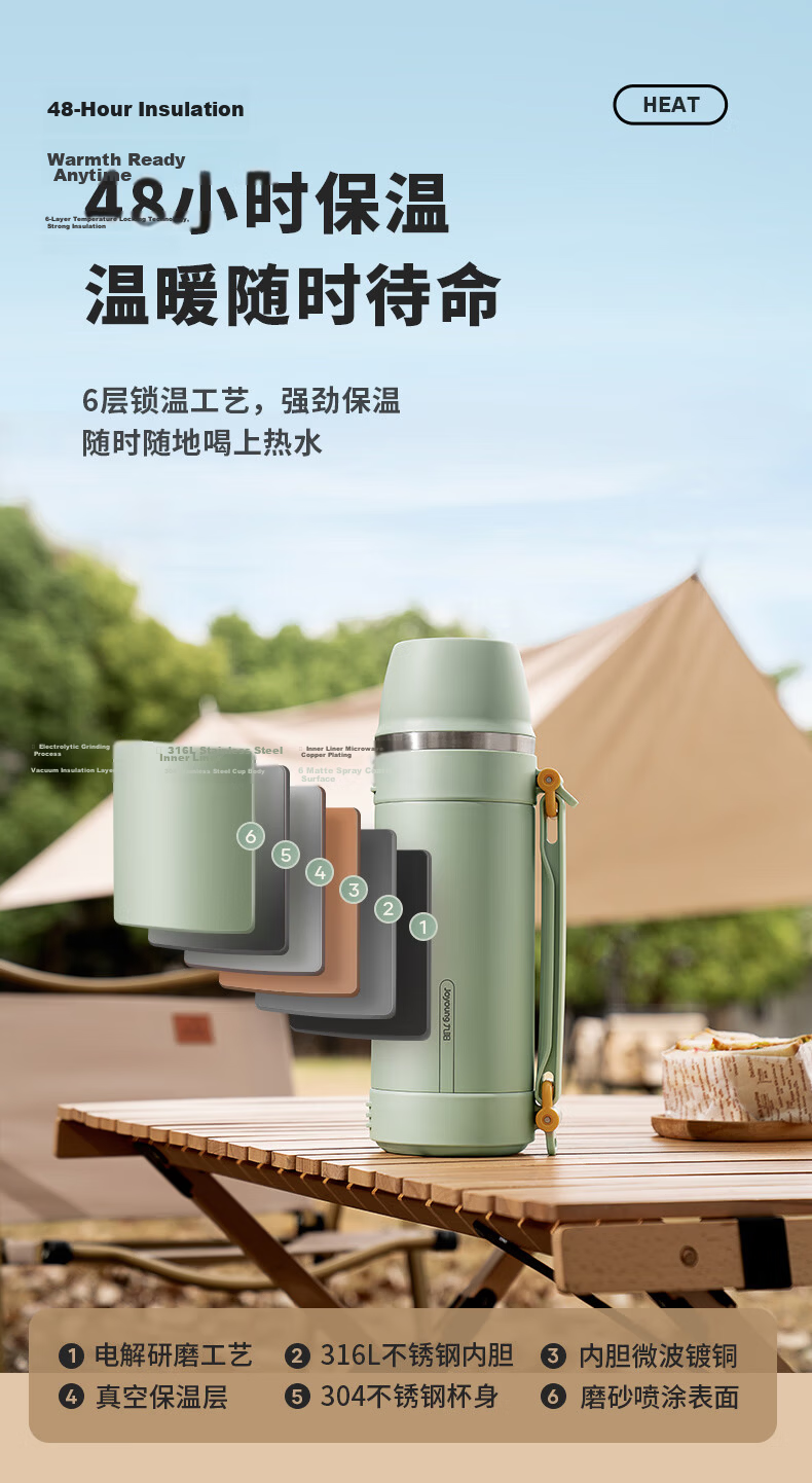 Joyoung 316L Stainless Steel Insulated Thermos Large Capacity Vacuum Flask Portable Outdoor Travel Bottle 8