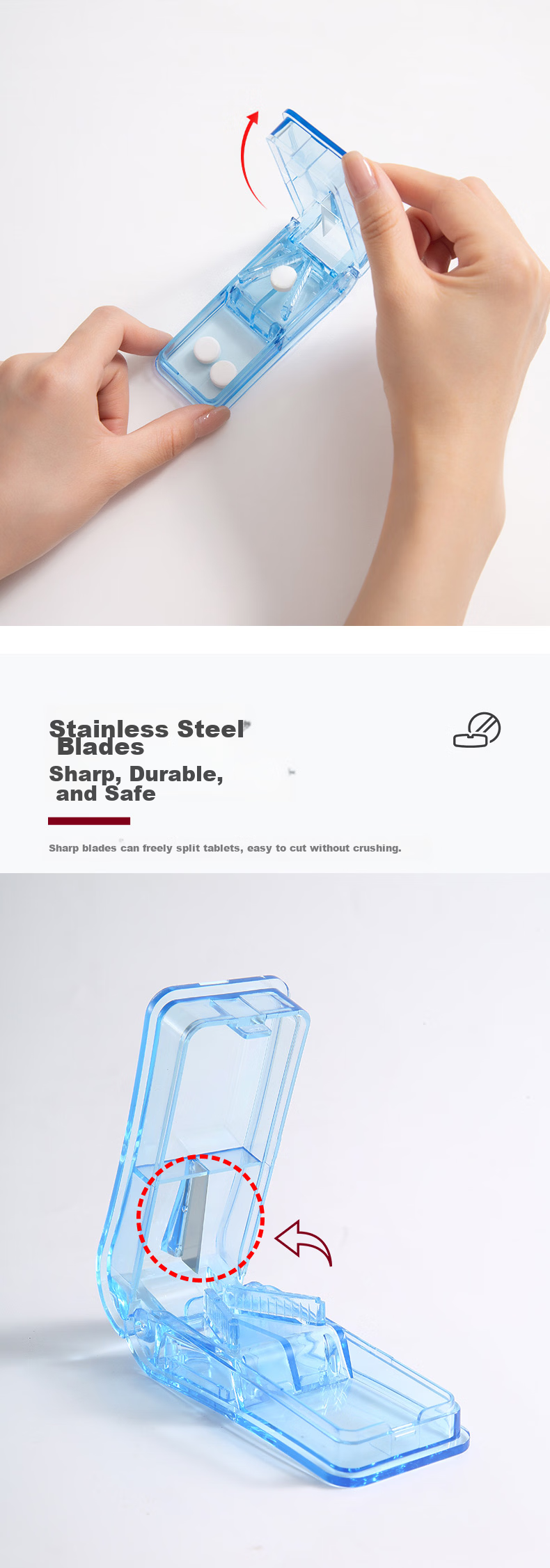 JAJALIN Pill Cutter, Pill Splitter, Pill Organizer Box, Pill Breaker, Mini Plastic Pill Dispenser, Blue 2