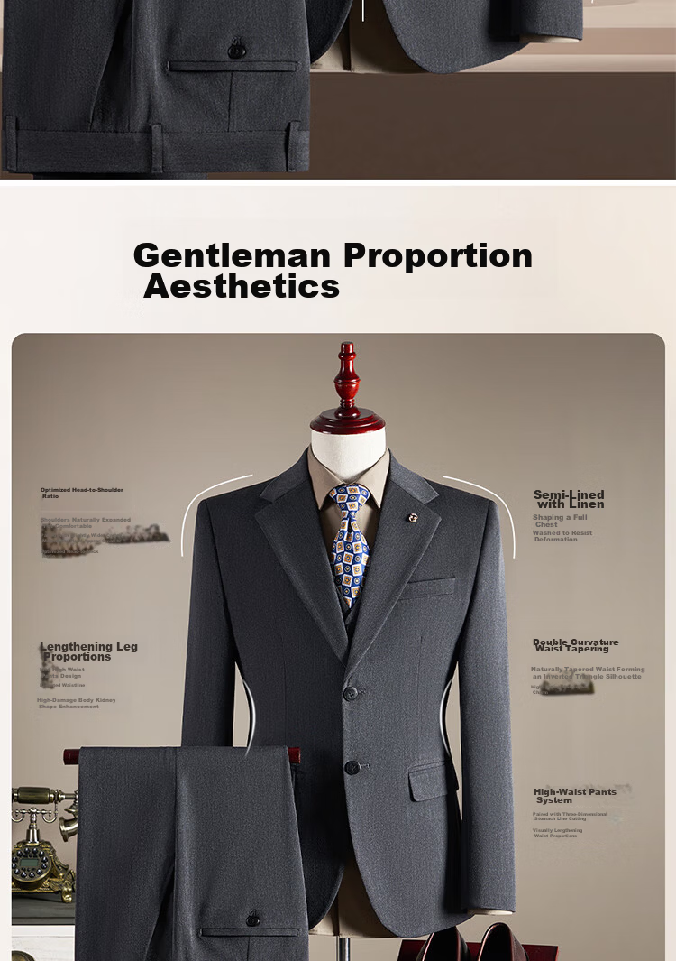 ROMON Men's Business Suit Set [Blazer + Vest + Trousers] Dark Gray 2XL 8