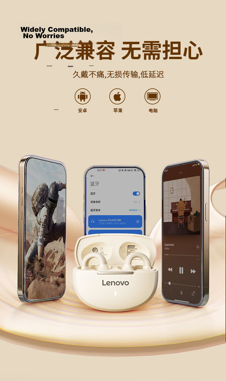Lenovo [2026 New Model], Bluetooth Earphones, Clip-On Wireless Open-Style Bone Conduction Concept, Non-In Noise Cancellation, Ultra-Long Battery Life, for Music And Sports Use, XA390 Black 12