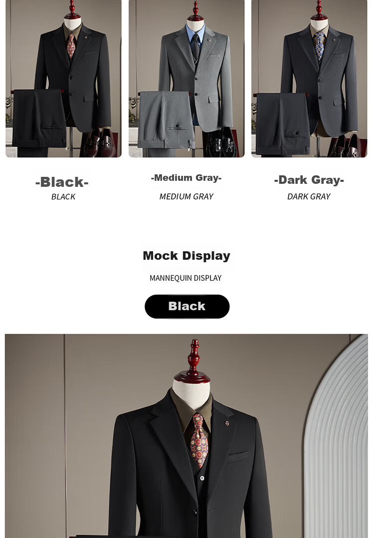 ROMON Men's Business Suit Set [Blazer + Vest + Trousers] Dark Gray 2XL 14