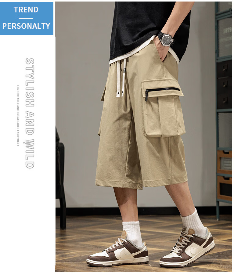 CLOR Men's Work Shorts Summer Thin Ice Silk Quick-Dry Loose Fit Knee-Length Straight Pants DDWD04 Black XL 16