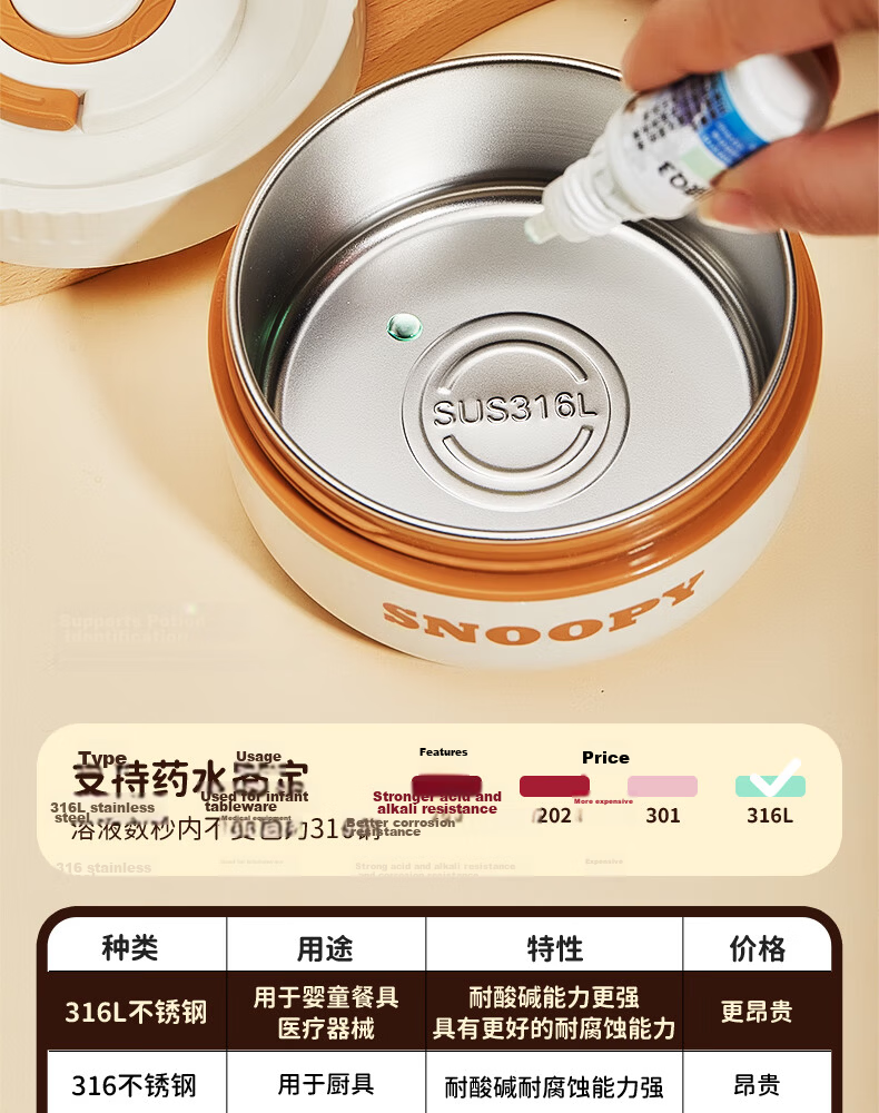 SNOOPY Insulated Lunch Box for Office Workers, Bento Box, Meal Container, 316 Stainless Steel Lunch Box, Large Capacity Insulated Bucket for Students, with Two Layers 7
