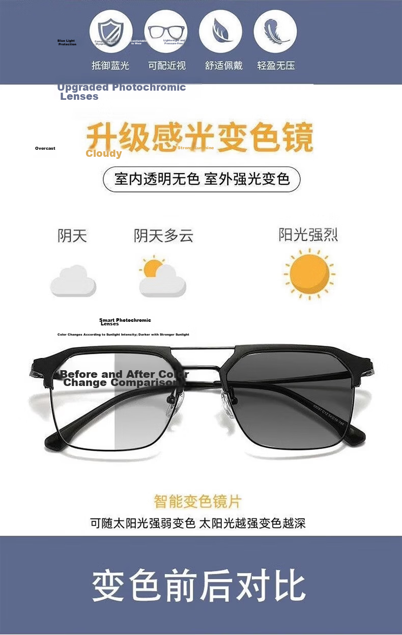 Boshide Myopia Glasses, Anti-Blue Light Glasses, Photochromic Semi-Rimless Frame, Black And Silver Frame [Photochromic Gray], Left And Right Eye 200 Degrees 5