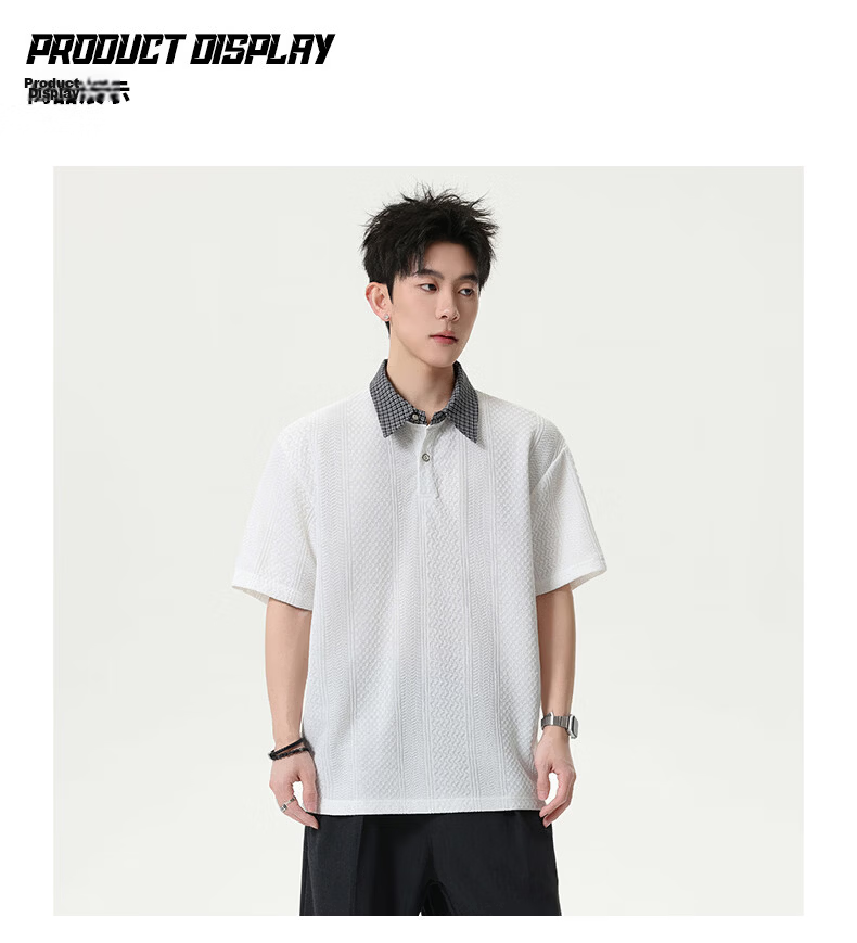 MMOPTOP Vintage Two-in-One Short Sleeve Plaid Jacquard Polo Shirt Men Summer Loose Fit Collared T-Shirt MP21 Black 3XL 8
