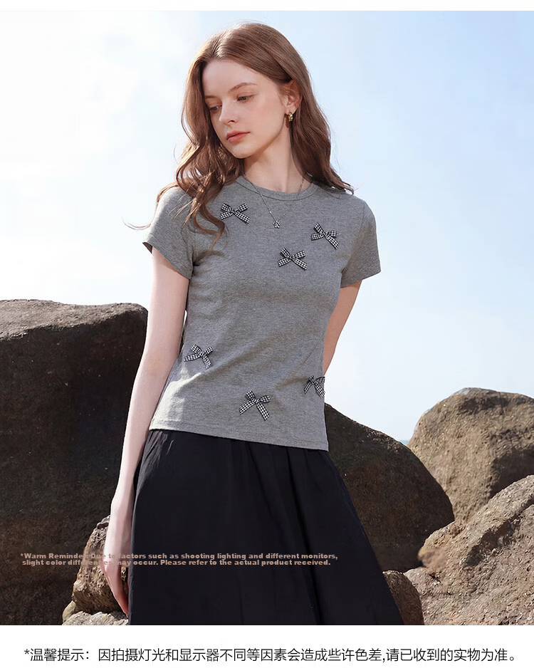 TonLion 2026 Summer New Short Sleeve T-Shirt for Women Black Bow Design Casual Early Spring Youthful Style 14