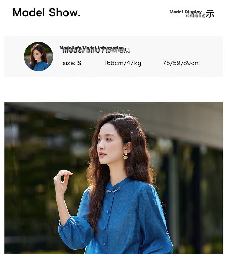Vimly New Chinese Style National Wind Pleated Round Neck Shirt Women New Flowing Shoulder Jacket Top Peacock Blue XL 11
