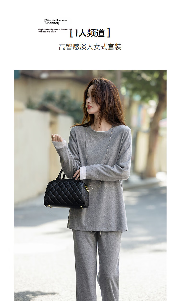 Dme Women's Two-Piece Set Autumn Elegant Round Neck Side Slit Top and Elastic Waist Long Pants for Petite 3