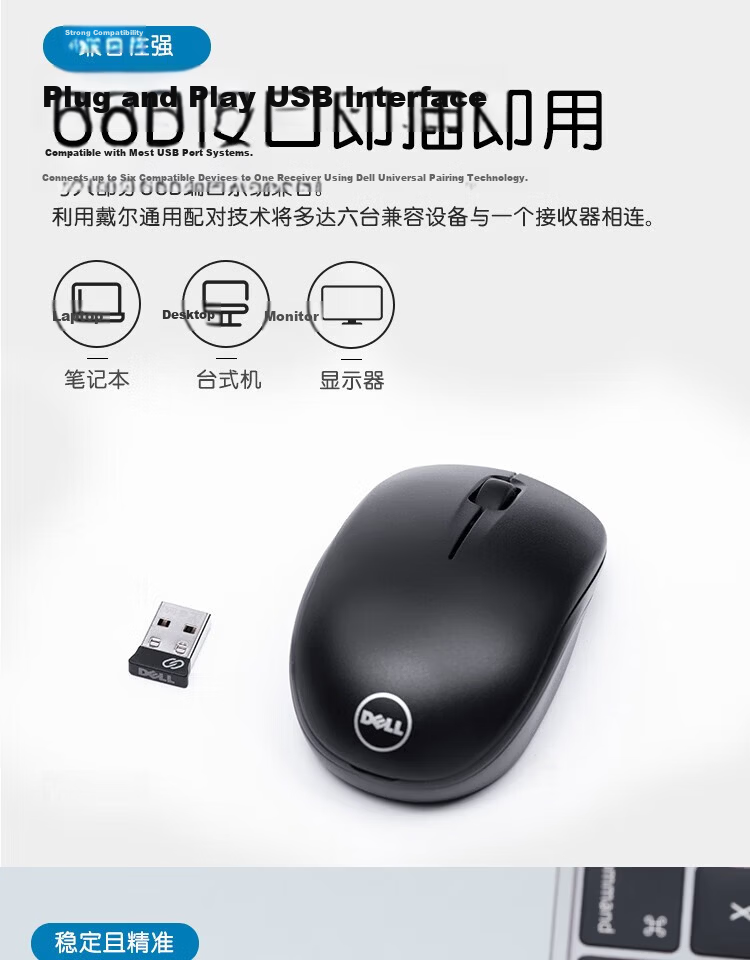 Dell WM126 Wireless Mouse Office Symmetric Mouse with 2.4G Receiver Black 3