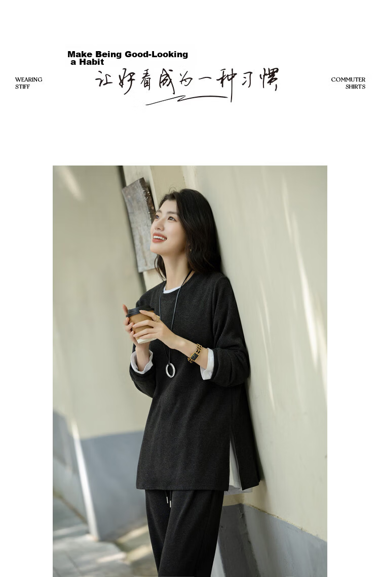 Dme Women's Two-Piece Set Autumn Elegant Round Neck Side Slit Top and Elastic Waist Long Pants for Petite 11