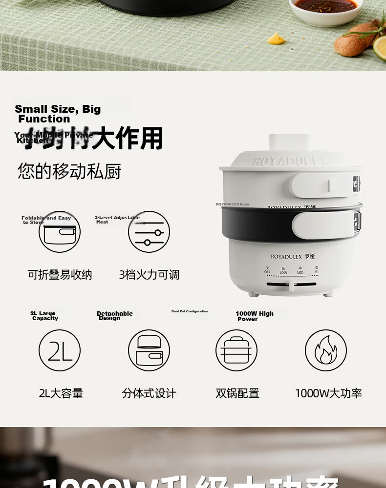 ROYALTY LINE Portable Electric Cooking Pot 1-2 Person Electric Stew Pot Porridge Cooker Small Soup Pot Baby Food Multi-Functional Electric Cooker 0.8L Nordic Green 4