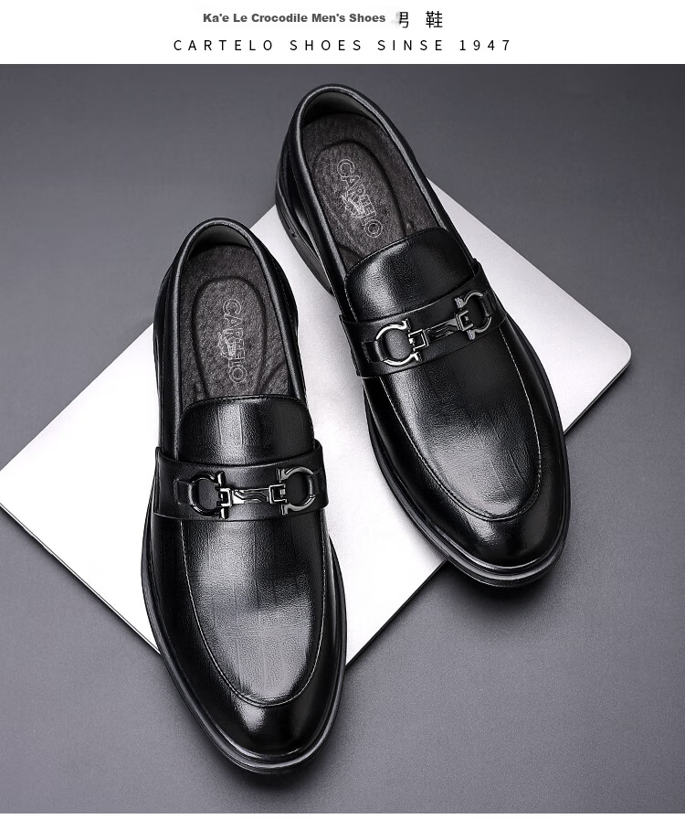 CARTELO Men's Loafers, Business Casual Leather Shoes, Plaid Breathable Slip-On Formal Leather Shoes for Men, 9902 Black, Size 39 18