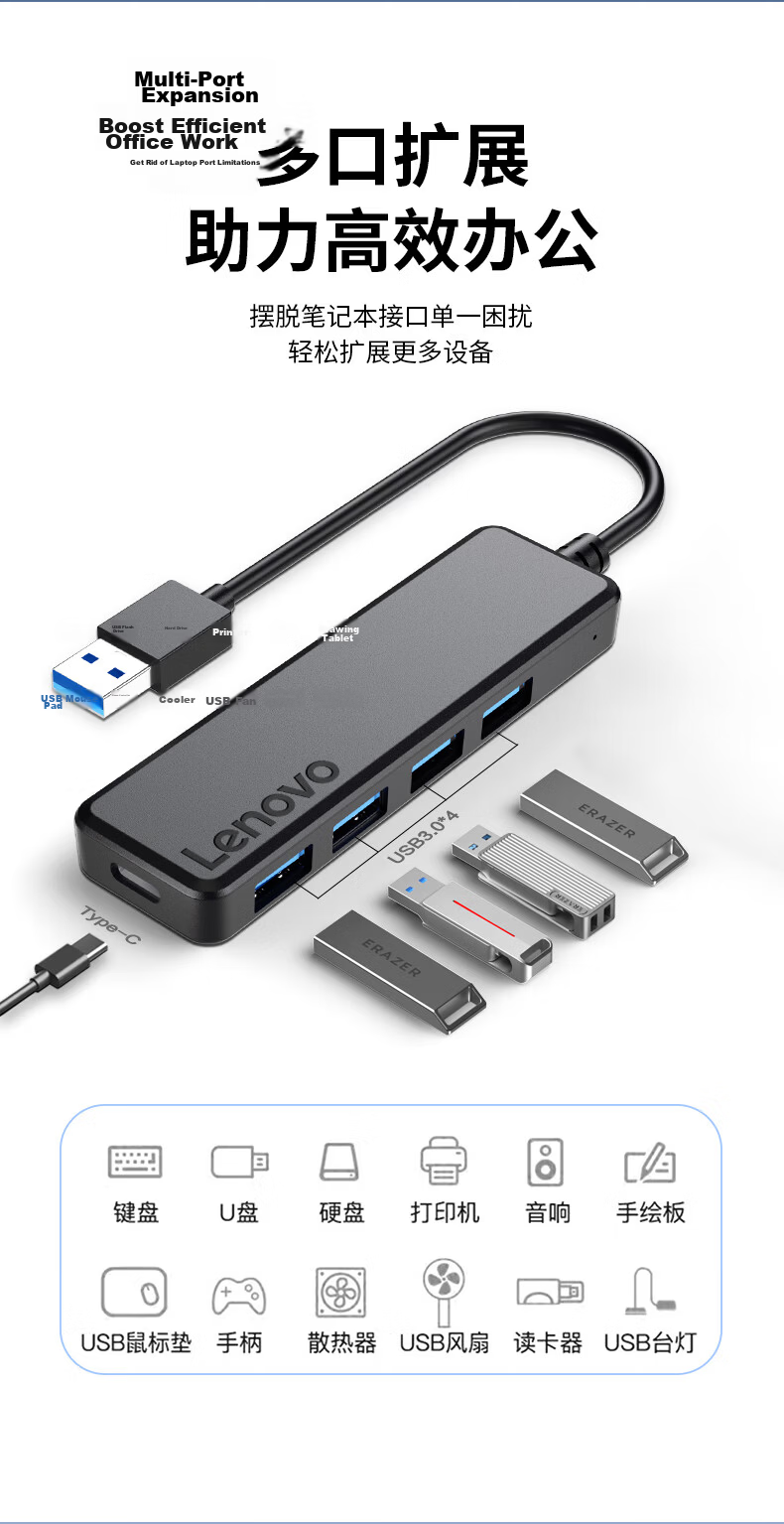 Lenovo USB 3.0 Hub, Expansion Dock Converter, High-Speed 4-Port USB Extension Cable Adapter, Four-In HUB Concentrator, Suitable for Laptops And Desktop Computers 2